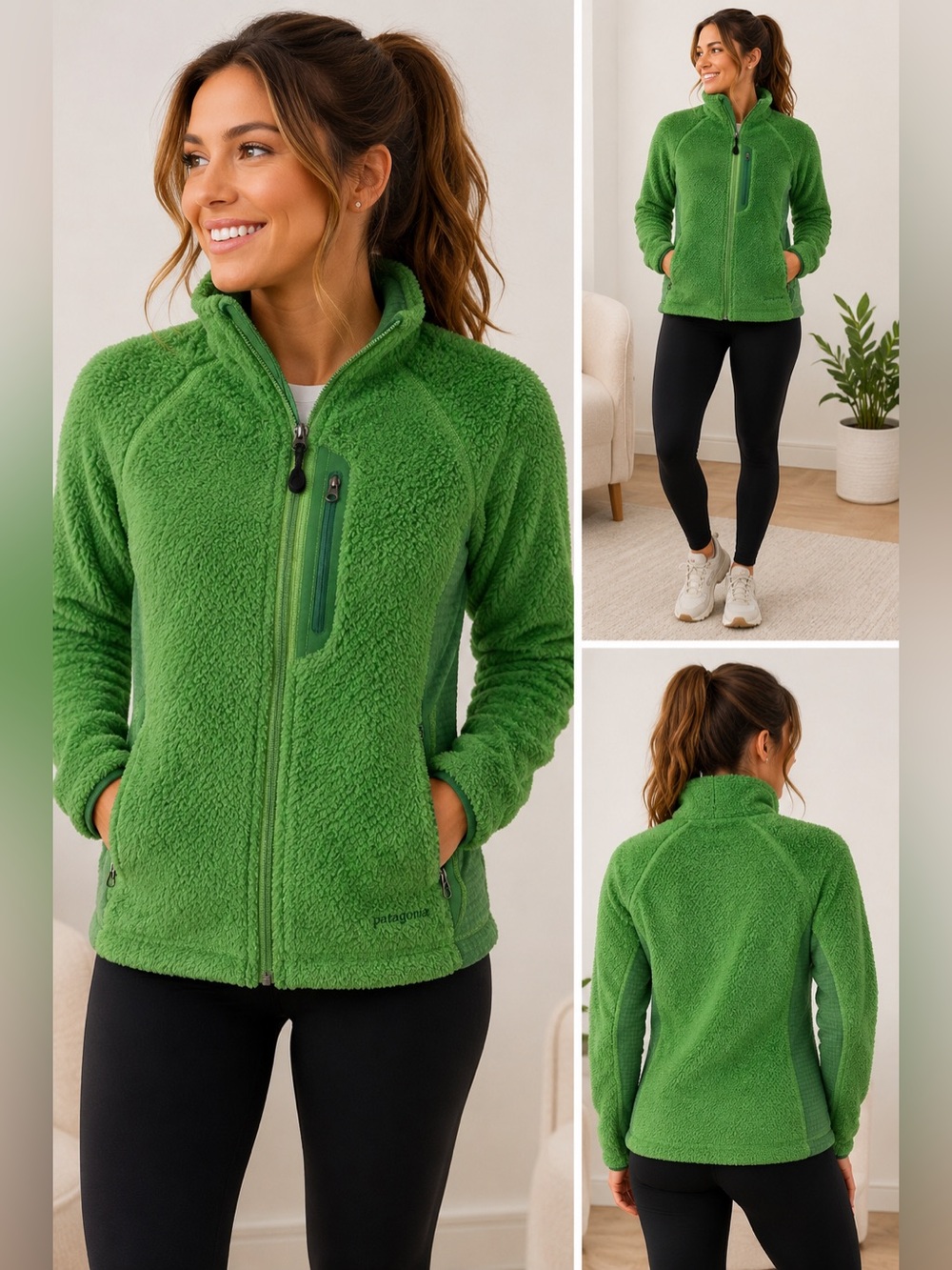 Patagonia Green High-Pile Fleece Jacket Women’s Large Full Zip Outdoor Hiking - Picture 3 of 11